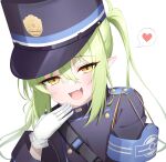  1girl absurdres black_hat black_jacket blue_archive blush fang gloves green_hair hat heart highlander_twintails_conductor_(blue_archive) highres jacket long_hair long_sleeves looking_at_viewer open_mouth peaked_cap pointy_ears setsurimu_(pro_viden) simple_background skin_fang smile solo spoken_heart twintails upper_body white_background white_gloves yellow_eyes 