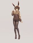  1girl absurdres animal_ears bike_shorts breasts brown_hair brown_hoodie commission full_body grey_background hand_on_own_chest highres hood hoodie looking_at_viewer medium_breasts original pantyhose rabbit_ears rabbit_girl rabbit_tail shen_hai_ichigo short_hair smile solo standing tail variant_set yellow_eyes 
