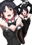  1girl absurdres animal_ears arm_warmers armpits bare_shoulders black_arm_warmers black_bow black_bowtie black_hair black_leotard blush bow bowtie breasts cleavage fake_animal_ears fake_tail gloves gradient_hair highres kisaragi_ren_(vtuber) leotard looking_at_viewer maya_fa medium_breasts multicolored_hair open_mouth pantyhose parted_bangs playboy_bunny rabbit_ears red_eyes red_hair simple_background small_sweatdrop solo tail virtual_youtuber vspo! white_background white_gloves zoom_layer 