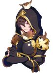  1boy ahoge animal_on_head animal_on_shoulder annoyed armor bird bird_on_head bird_on_shoulder breastplate brown_hair commentary_request cropped_torso crossed_arms fingerless_gloves gloves granblue_fantasy hair_between_eyes highres hood hood_up looking_at_viewer makita_(homosapiensu) male_focus messy_hair on_head red_eyes sandalphon_(granblue_fantasy) short_hair simple_background solo_focus sparrow sweatdrop too_many too_many_birds white_background 