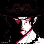  1boy aboude_art artist_name bead_necklace beads black_hair closed_mouth cowboy_hat hat highres injury instagram_logo instagram_username jewelry limited_palette looking_at_viewer male_focus necklace one_piece portgas_d._ace short_hair signature solo 
