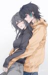 2girls alternate_costume black_eyes black_hair black_shirt blush breasts chief_(path_to_nowhere) cinnabar_(path_to_nowhere) commentary dated doo58455 female_chief_(path_to_nowhere) gradient_background grey_background half-closed_eyes highres hood hood_down hoodie hug hug_from_behind long_hair medium_breasts medium_hair multiple_girls orange_hoodie path_to_nowhere profile purple_eyes shirt signature sleeves_past_wrists smile upper_body yuri 
