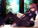  bangs between_breasts blurry blush bodysuit breasts cameltoe closed_mouth covered_navel covered_nipples dean eyebrows_visible_through_hair fate/grand_order fate_(series) gae_bolg hand_under_clothes high_heels highres indoors knee_up leaning_back long_hair looking_at_viewer medium_breasts pauldrons pillow plant polearm purple_bodysuit purple_hair railing red_eyes scathach_(fate)_(all) scathach_(fate/grand_order) shadow sitting skin_tight skindentation smile solo spear spread_legs very_long_hair weapon 