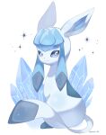  animal_focus artist_name blue_eyes blue_skin closed_mouth colored_skin commentary glaceon highres ice iwasi_29 looking_at_viewer no_humans pokemon pokemon_(creature) simple_background sitting smile sparkle symbol-only_commentary tail twitter_username white_background 