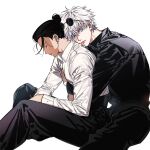  2boys arm_on_thigh black_hair black_jacket black_pants blue_eyes closed_mouth couple dress_shirt earrings elbow_on_thigh from_side gakuran getou_suguru gojou_satoru hair_bun head_on_another&#039;s_back highres hug hug_from_behind jacket jewelry jujutsu_kaisen looking_down looking_to_the_side loose_hair_strand male_focus messy_hair multiple_boys my_onenon1y pant_suit pants parted_lips school_uniform shirt short_hair simple_background sitting stud_earrings suit white_background white_eyelashes white_hair white_shirt yaoi 