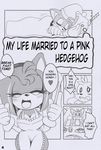  &lt;3 absurd_res amy_rose anthro big_breasts breasts canine cleavage clothed clothing comic english_text female fox hedgehog hi_res male mammal michiyoshi miles_prower monochrome smile sonic_(series) text 