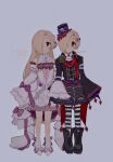  2girls ascot bare_shoulders blonde_hair boots doll_joints dress dual_persona expressionless flower full_body hair_flower hair_ornament hair_over_one_eye hat high_heels highres idolmaster idolmaster_cinderella_girls jacket joints long_hair looking_at_viewer michi_kkp mini_hat mini_top_hat multiple_girls red_eyes shirasaka_koume short_hair skirt sleeves_past_fingers sleeves_past_wrists striped_clothes striped_thighhighs thighhighs top_hat white_dress zettai_ryouiki 