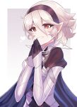  1girl black_hairband blue_cape cape corrin_(female)_(fire_emblem) corrin_(fire_emblem) fire_emblem fire_emblem_fates hairband highres long_hair n_54 pointy_ears red_eyes smile solo white_hair 