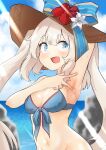  1girl absurdres armpits artist_request bikini blue_bikini blue_eyes blush breasts fate/grand_order fate_(series) grey_hair highres large_hat long_hair looking_to_the_side marie_antoinette_(fate) marie_antoinette_(swimsuit_caster)_(fate) marie_antoinette_(swimsuit_caster)_(third_ascension)_(fate) medium_breasts navel ocean smile swimsuit very_long_hair 