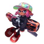  1girl :3 baseball_cap black_hoodie black_pants blue_eyes closed_mouth commentary_request full_body gun hat holding holding_gun holding_weapon hood hoodie ikki_(gsl_9708) inkling inkling_girl inkling_player_character korean_commentary medium_hair multicolored_hat pants pink_hair pointy_ears range_blaster_(splatoon) red_footwear shoes simple_background sitting sleeves_past_fingers sleeves_past_wrists smile solo splatoon_(series) splatoon_3 tentacle_hair thick_eyebrows torn_clothes torn_pants weapon white_background 