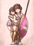  2girls armor aspis barefoot bird brown_hair closed_eyes dove greaves highres holding holding_polearm holding_weapon hoplite hug hug_from_behind ironlily linothorax medium_hair multiple_girls original polearm shield spear weapon yuri 