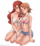  2girls absurdres armpit_crease artist_name bikini blue_shorts breasts brown_eyes brown_hair collarbone commentary earrings english_commentary eyelashes hair_over_one_eye hand_on_another&#039;s_thigh highres jewelry kirijou_mitsuru large_breasts long_hair looking_at_viewer medium_breasts medium_hair multiple_girls navel nsfwgreen official_alternate_costume parted_lips persona persona_3 pink_bikini red_hair seiza shadow short_shorts shorts simple_background sitting smile stomach stud_earrings swept_bangs swimsuit takeba_yukari thighs torn_clothes torn_shorts twitter_logo twitter_username white_background white_bikini 