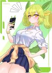  1girl absurdres breasts clothes_around_waist dragon_girl dragon_horns dragon_tail dragon_wings duel_monster green_hair gyaru hand_on_own_hip highres holding holding_phone horns jacket jacket_around_waist kogal light_blush low_wings oldsickkim parlor_dragonmaid partially_unbuttoned phone pleated_skirt school_uniform shirt skirt solo tail white_shirt wings yellow_eyes yellow_nails yu-gi-oh! 