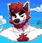 anthro bactover beard facial_hair hair male palm_tree plant red_hair shirtless sky_background solo tree white_body