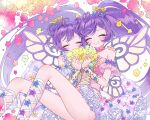  2girls :d ^_^ ahoge ao_(ao0_0nemu) bad_id bad_pixiv_id bare_shoulders butterfly_wings choker closed_eyes commentary_request crown dress dual_persona facing_viewer feet_out_of_frame flower frilled_dress frills highres holding holding_flower insect_wings long_hair manaka_laala manaka_laala_(young) multiple_girls open_mouth petticoat pink_choker pink_flower pretty_series pripara purple_hair purple_wings short_hair smile twintails very_long_hair wings yellow_flower 