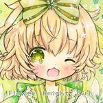  ;d artist_name bad_id bad_pixiv_id blonde_hair blush bow close-up copyright_name emo_(mikan) eyebrows_visible_through_hair face flower flower_knight_girl green_background green_bow green_eyes hair_bow hakobera_(flower_knight_girl) looking_at_viewer lowres messy_hair one_eye_closed open_mouth short_hair smile solo striped striped_bow traditional_media watercolor_(medium) 
