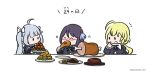  3girls ^_^ ahoge amano_soraha arm_at_side assault_lily black_hair black_ribbon blonde_hair blue_ribbon blunt_bangs boned_meat bow chibi chicken_(food) closed_eyes cropped_jacket croquette date_pun eating finger_to_own_chin food gem gem_hair_ornament glasses grey_hair hair_bow hair_ribbon hand_up highres holding holding_food holding_plate juliet_sleeves kabayaki_(kabayaki_eel) layered_sleeves long_hair long_sleeves looking_at_another looking_at_food low_ponytail mashima_moyu meat meat_day miriam_hildegard_von_gropius motion_lines multiple_girls neck_ribbon no_mouth notice_lines number_pun open_mouth plate ponytail puffy_sleeves red-framed_eyewear red_gemstone ribbon school_uniform semi-rimless_eyewear shirt short_sleeves simple_background smile solid_oval_eyes steak translated twintails twitter_username under-rim_eyewear white_background white_bow white_shirt yurigaoka_girls_academy_school_uniform 
