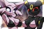 anthro armwear bra breasts choker cleavage clothed clothing duo eeveelution elbow_gloves espeon female forehead_gem gem generation_2_pokemon gloves hands_behind_head handwear hi_res jewelry looking_at_viewer necklace nintendo pokemon pokemon_(species) skylight_(artist) umbreon underwear