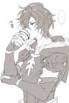  ... 1boy ahoge armor breastplate brown_hair coffee coffee_cup commentary_request crossed_arms cup disposable_cup drinking expressionless fingerless_gloves gloves granblue_fantasy greyscale hair_between_eyes hood hood_down makita_(homosapiensu) male_focus messy_hair monochrome profile sandalphon_(granblue_fantasy) short_hair sketch solo speech_bubble translation_request turtleneck upper_body white_background 