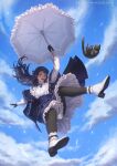  1girl animal artist_name black_cat black_gloves black_pantyhose blue_capelet blue_dress blue_eyes blue_hair bow capelet cat cloud cloudy_sky commentary day dress english_commentary falling final_fantasy final_fantasy_xiv frilled_dress frilled_umbrella frills from_below full_body gloves hair_bow highres holding holding_umbrella long_hair long_sleeves open_mouth pantyhose puffy_sleeves sky solo two-tone_dress umbrella warrior_of_light_(ff14) white_dress white_footwear winterleigh wynteria_lei 