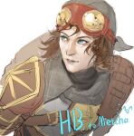  1girl ^_^ apex_legends blue_eyes bohe-menthe brown_hair chinese_commentary closed_eyes grey_bandana grey_jacket happy_birthday highres horizon_(apex_legends) jacket leaning_forward looking_to_the_side nose official_alternate_costume parted_lips realistic sketch solaris_horizon solo upper_body white_background 