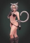  1girl animal_ears armor bikini bikini_bottom_pull black_bikini black_gloves boots breasts cat_ears cat_girl cat_tail commentary commission english_commentary erochi facial_mark feet_out_of_frame final_fantasy final_fantasy_xiv gloves goggles green_background grey_footwear grey_hair hand_up highres japanese_armor light_particles medium_breasts medium_hair miqo&#039;te parted_lips solo swimsuit tail warrior_of_light_(ff14) whisker_markings 