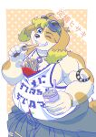 anthro belly blonde_hair canid canine canis clothing domestic_dog eating eyewear floppy_ears food fries goggles grin hair hi_res hisaki_(live_a_hero) japanese_text kusarikakemono lifewonders live_a_hero male mammal musclegut muscular one_eye_closed pecs shirt smile solo tank_top tattoo text topwear wink