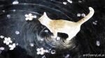  absurdres animal_ears animal_focus cat cat_ears cat_tail cherry_blossoms chinese_commentary commentary_request dannylailai flower highres no_humans original petals ripples solo standing standing_on_liquid tail watermark weibo_logo weibo_username white_flower 