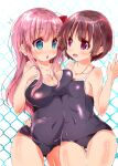  2girls arm_around_waist blue_eyes bow breasts brown_hair chain-link_fence cleavage collarbone covered_navel cowboy_shot day fence hair_bow haramura_nodoka large_breasts light_blush long_hair looking_at_another medium_breasts miyanaga_saki multiple_girls one-piece_swimsuit open_mouth outdoors pink_hair purple_eyes saki short_hair smile swimsuit tom_q_(tomtoq) yuri 