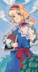  1girl alice_margatroid bandaged_fingers bandages blonde_hair blue_dress blue_eyes blurry book bright_pupils cloud day depth_of_field dress frilled_hairband frills grimoire hairband hand_up hexagram highres holding holding_book leaf looking_at_viewer oftooon outdoors parted_lips short_hair sky solo standing touhou white_pupils 