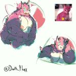 anthro black_body black_fur blue_sclera domestic_cat fairy felid feline felis fluffos fur hi_res insect_wings male mammal muscular nipples nude pecs pink_body pink_fur reference_image simple_background sitting smile smiling_at_viewer solo wings