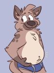 anthro blue_background blue_briefs blue_clothing blue_underwear bodily_fluids briefs briefs_only brown_body brown_fur brown_nose clothed clothing fur hi_res holding_belly hyena male mammal markings mushketeery mushy_(mushketeery) overweight overweight_male simple_background smile solo spots spotted_markings sweat sweatdrop topless underwear underwear_only