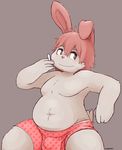  5_fingers blush boxers_(clothing) bulge cigarette clothing facial_hair fur hair lagomorph lambent male mammal moobs navel overweight pink_eyes pink_hair rabbit simple_background tan_fur underwear 