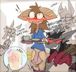 anthro backpack balls blush bovid canid canine canis caprine container cup embarrassed eyewear female genitals glasses goat hi_res horn male mammal nerd penis public public_nudity roksim story story_in_description tray wolf