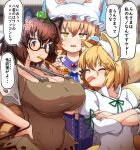  3girls :p anger_vein angry animal_ear_headwear animal_ears annoyed blonde_hair blue_tabard blush breasts brown_eyes brown_hair brown_shirt cleavage closed_eyes commentary_request covered_navel crossed_arms false_smile fox_ears fox_girl fox_tail frown futatsuiwa_mamizou gem glasses gourd hair_between_eyes hand_up hands_on_own_hips hat holding holding_smoking_pipe huge_breasts kitsune kudamaki_tsukasa large_breasts leaf leaf_on_head light_smile looking_at_another looking_back looking_up medium_hair multiple_girls multiple_tails naughty_face parted_lips peso_(cheese_company) raccoon_ears raccoon_girl raccoon_tail red_gemstone shirt small_breasts smile smoking_pipe tabard tail tongue tongue_out touhou translation_request unamused upper_body white_romper yakumo_ran yellow_eyes 