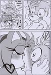 &lt;3 absurd_res amy_rose anthro canine comic english_text female fox greyscale hedgehog hi_res kiss_mark kissing lipstick makeup male mammal michiyoshi miles_prower monochrome sonic_(series) text 