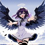  1girl :d angel angel_wings black_feathers black_necktie black_thighhighs black_wings blue_sky blush bob_cut breasts cloud commentary cowboy_shot dithered_background dress falling_feathers feathers floating_clothes floating_hair gradient_sky hair_between_eyes hair_ornament halo multicolored_hair necktie open_mouth original outstretched_arms pink_hair pixel_art purple_eyes purple_hair reaching reaching_towards_viewer short_hair short_sleeves sky small_breasts smile solo spread_fingers spread_wings streaked_hair thigh_strap thighhighs viino_hamu86 white_dress white_sky wind wind_lift wings 