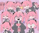  1girl :3 :p animal black_shorts black_track_suit cat closed_eyes closed_mouth coke-bottle_glasses crossed_arms double_v glasses hair_between_eyes hands_up heart heart_hands highres holding holding_instrument horn_(instrument) instrument konton_boogie_(vocaloid) long_hair looking_at_viewer looking_to_the_side open_mouth partially_shaded_face pink_background pink_eyes pink_hair pointing pointing_at_viewer ruten_(onakasukusuku) sharp_teeth shorts sidelocks simple_background smile smug sweat tears teeth tongue tongue_out track_suit trumpet twintails v variations vocaloid vuvuzela white_footwear 