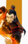  1boy age_regression aged_down armor avatar:_the_last_airbender avatar_legends beard black_hair botanicaxu commentary english_commentary facial_hair fire highres iroh male_focus multiple_drawing_challenge simple_background six_fanarts_challenge solo upper_body 