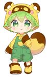  :3 blush botan-kun full_body green_eyes green_hair highres male_focus nipeira open_mouth original overalls paw_shoes raccoon_hat shoes smile solo 