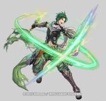  1boy black_gloves black_vest brown_footwear commentary_request dagger fire_emblem fire_emblem:_radiant_dawn fire_emblem_heroes full_body gloves green_hair green_pants holding holding_dagger holding_knife holding_weapon izuka_daisuke knife official_art open_mouth pants scarf solo sothe_(fire_emblem) sothe_(resplendent)_(fire_emblem) vest weapon white_scarf 
