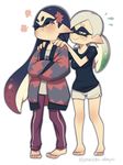  2girls :&gt; absurdres alternate_costume alternate_hairstyle annoyed aori_(splatoon) barefoot black_hair blush breasts breath closed_eyes closed_mouth comforting commentary_request domino_mask frown full_body gradient_hair green_hair hands_on_another's_shoulders highres hotaru_(splatoon) long_hair looking_at_another mask medium_breasts mole mole_under_eye multicolored_hair multiple_girls no_earrings pants pointy_ears pout puchiman purple_hair shirt short_hair shorts silver_hair simple_background smile splatoon_(series) splatoon_1 standing sweatdrop symbol-shaped_pupils t-shirt teardrop tearing_up tentacle_hair tentacles track_pants white_background 