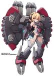  1girl ass_visible_through_thighs bare_shoulders blonde_hair boots breasts closed_mouth copyright_request grey_footwear groin hair_between_eyes highres karukan_(monjya) looking_at_viewer mecha_musume medium_breasts red_eyes revealing_clothes sideboob simple_background solo thigh_boots white_background 