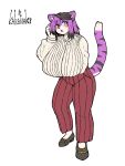 anthro arm_under_breasts big_breasts black_hair blush bottomwear breasts clothed_female clothing felid female footwear full-length_portrait fur hair hi_res huge_breasts komenuka_inaho looking_at_viewer mammal multicolored_hair open_mouth pantherine pants portrait purple_body purple_fur purple_hair shoes simple_background solo standing tiger two_tone_hair white_background zeno_(komenuka_inaho)