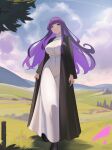  1girl absurdres black_footwear black_robe blunt_bangs blush breasts cloud cloudy_sky collar dress fern_(sousou_no_frieren) field frilled_collar frills full_body hair_ornament highres large_breasts long_hair long_sleeves looking_at_viewer nature outdoors purple_eyes purple_hair robe sidelocks signature sky solo sousou_no_frieren tree white_dress windmill_g 