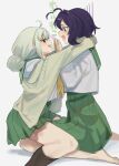  2girls ahoge araga_kiwi arms_around_neck barefoot black_hair eye_contact fang green_hair heart heart_ahoge highres hiiragi_utena light_blush looking_at_another mahou_shoujo_ni_akogarete medium_hair multiple_girls open_mouth red_eyes saiki_(mumei_912) school_uniform seiza simple_background sitting skirt smile sweater white_background yellow_eyes yuri 