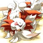 2024 bodily_fluids fur generation_7_pokemon irago lycanroc lying midnight_lycanroc multicolored_body multicolored_fur nintendo on_back pink_tongue pokemon pokemon_(species) red_body red_ears red_fur saliva signature sleeping solo teeth tongue tongue_out white_body white_fur