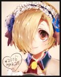  1girl blonde_hair close-up flower frilled_hairband frills hair_flower hair_ornament hair_over_one_eye hairband idolmaster idolmaster_cinderella_girls kuromitsu_maria looking_at_viewer red_eyes shirasaka_koume short_hair sketch smile solo 