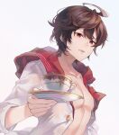  1boy ahoge bare_pectorals brown_hair buttons coffee_cup commentary_request cup disposable_cup endend_(shinia) granblue_fantasy hair_between_eyes holding holding_plate hood hood_down jacket looking_at_viewer male_focus messy_hair open_clothes open_jacket parted_lips pectorals plate red_eyes sandalphon_(granblue_fantasy) sandalphon_(summer)_(granblue_fantasy) short_hair simple_background solo_focus upper_body wet wet_clothes white_background 