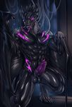  2017 abs anthro balls bat biceps black_body claws cybernetics cyborg detailed erection front_view glowing glowing_eyes knot machine male mammal markings membranous_wings muscular muscular_male nude open_mouth penis purple_eyes purple_penis raak rakisha robot solo spines stripes teeth toe_claws tongue wings wires 